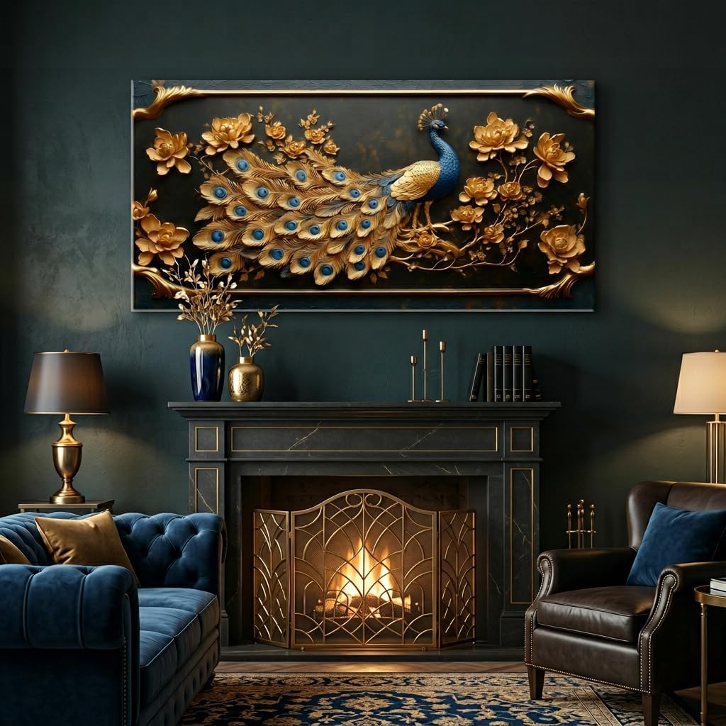 ZESTRILIA Pretty Peacock Wall Art for Living Room Office Gold Country Rustic Retro Asian Canvas Painting Prints Golden Vintage Elegant Peackock Artwork Dining Bedroom Decor Extra Large (58x28 Inches)