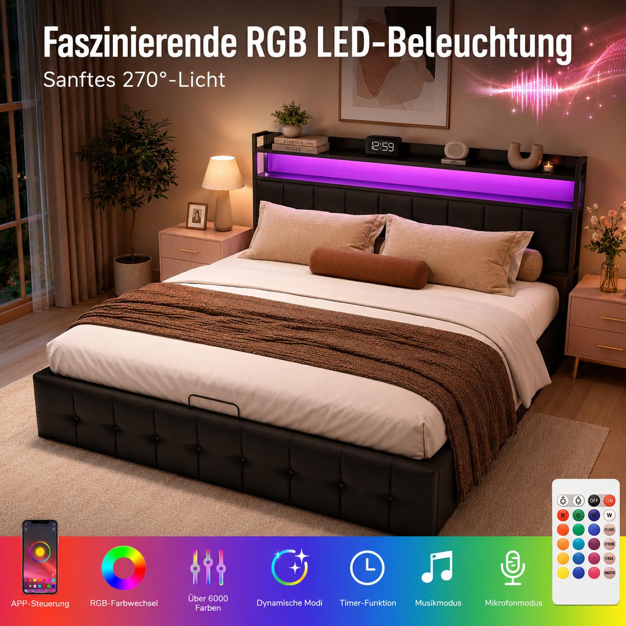 PerGar Polsterbett Doppelbett 140x200 mit LED Beleuchtung und Ladefunktion, Hydraulisches Stauraumbett mit Kopfteil, Jugendbett Betten mit Lattenrost und Bettkasten, PU, Ohne Matratze, Schwarz