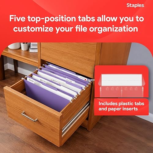 Miniatura 5 de Staples Carpetas colgantes para archivos, tamaño carta, morado, pestañas de corte 1/5, resistentes al desgarro, incluye pestañas e insertos