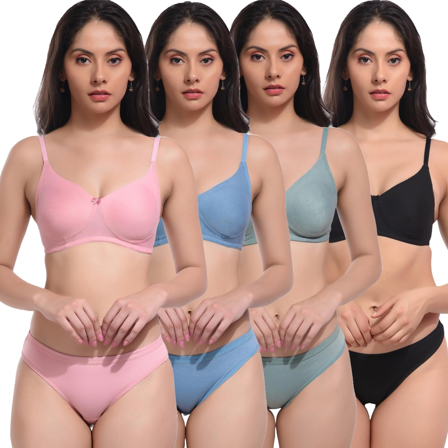 Women's Seamless Bra and Panty Set, 4 Pieces, Pink, Blue, Grey, Black-image-39