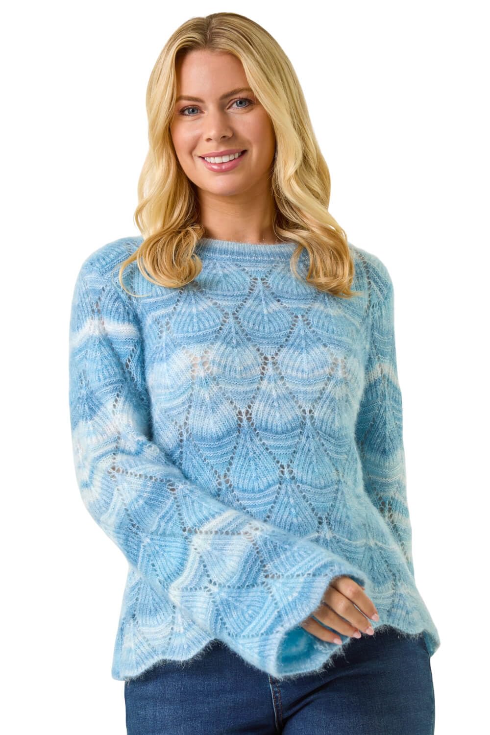 Roman Originals Women's Petite Blue Roman Petite Space Dye Pointelle Knit Jumper For Uk - Everyday Autumn Winter Round Neckline Comfy Soft Evening Vacation Work Party Night Out - Size 16