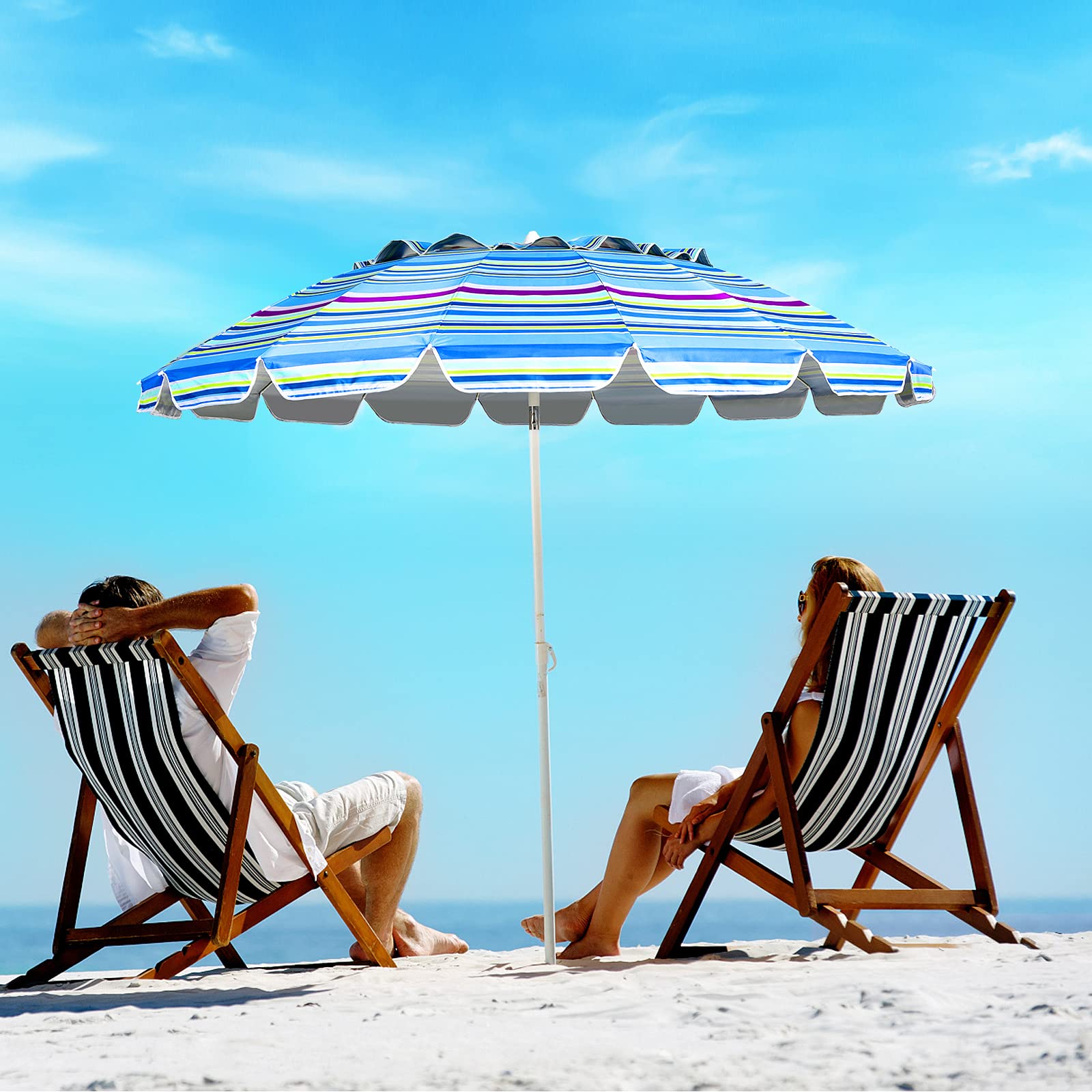 COSTWAY Ombrellone da Spiaggia 243 cm, Portabile, Inclinazione Regolabile, Filtro UV, con Borsa (Blu)