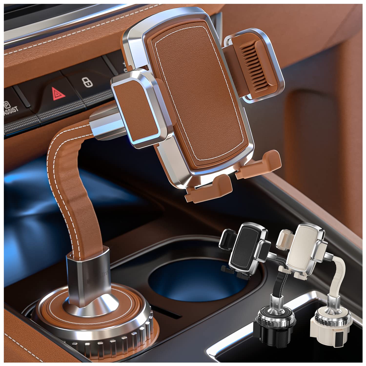 Bestrix Premium Leather Cup Holder Phone Mount for Car, No Shaking, Easy Installation, 360 Rotation, Universal Compatibility with Samsung, Android, iPhone up to 6.7", Automobile Cradle (Brown)