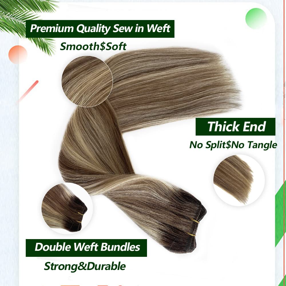 Weft Hair Extensions Human Hair Ombre Sew in Ash Brown Mixed Blonde Highlights Hand Tied Weave Bundles 12inch 80g