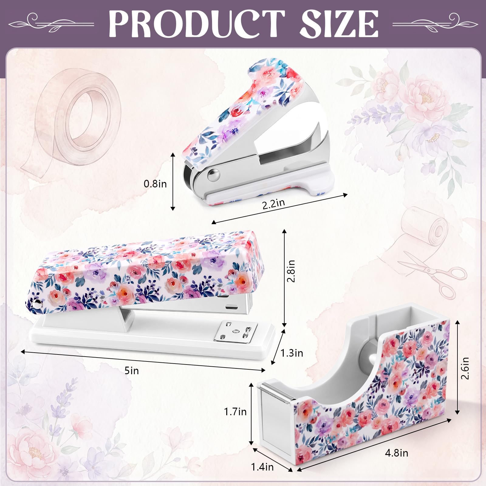 Eaasty Juego de grapadora floral y dispensador de cinta, bonito juego de suministros de oficina con 2 rollos de cinta, removedor de grapas y 1000 grapas 24/6, accesorios de escritorio para profesores