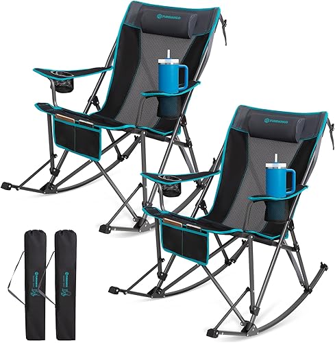 Miniatura 7 de FUNDANGO Silla mecedora de camping de gran tamaño para adultos, sillas de césped plegables portátiles para exteriores con almohadas, reposabrazos