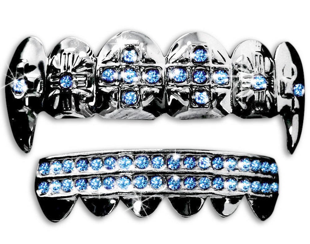 Big Dawgs BlingSilver Hip Hop Cross Vampire Fangs Top & Bottom Grillz Set (Blue Stones)