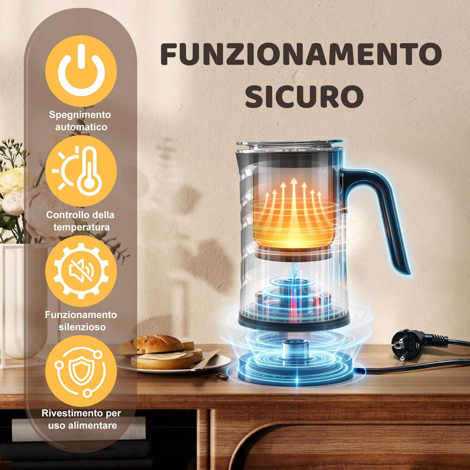 Kissleaf Montalatte Elettrico, 4-in-1 Montalatte e Scaldalatte con Manico