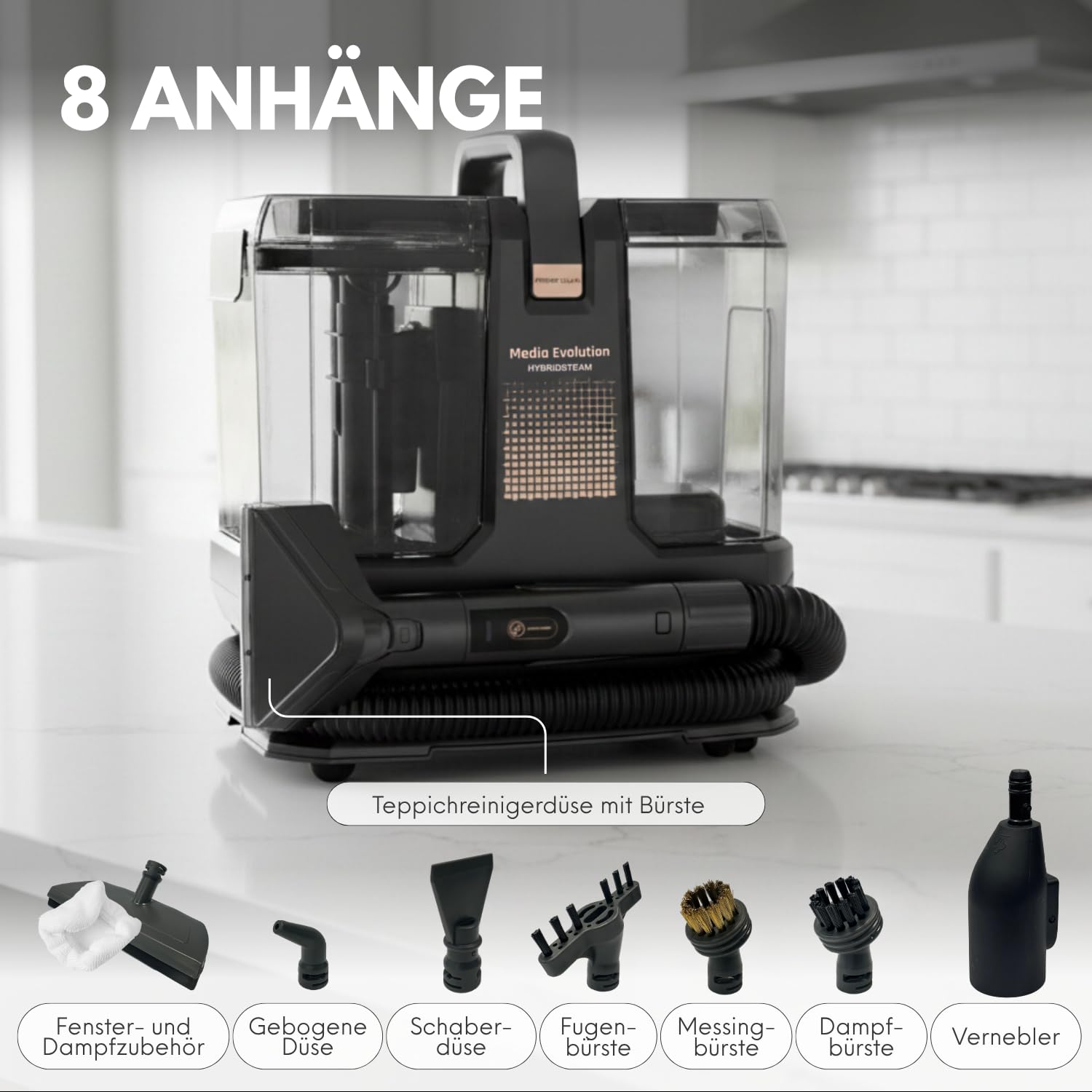 Media Evolution Polsterreiniger Gerät und Nassauger | Teppichreiniger und Dampfreiniger, 8 Aufsätze, 1800 W, 100 °C Dampf, Für Teppich, Polster, Autositze, Sofa, Möbel, Matratzen