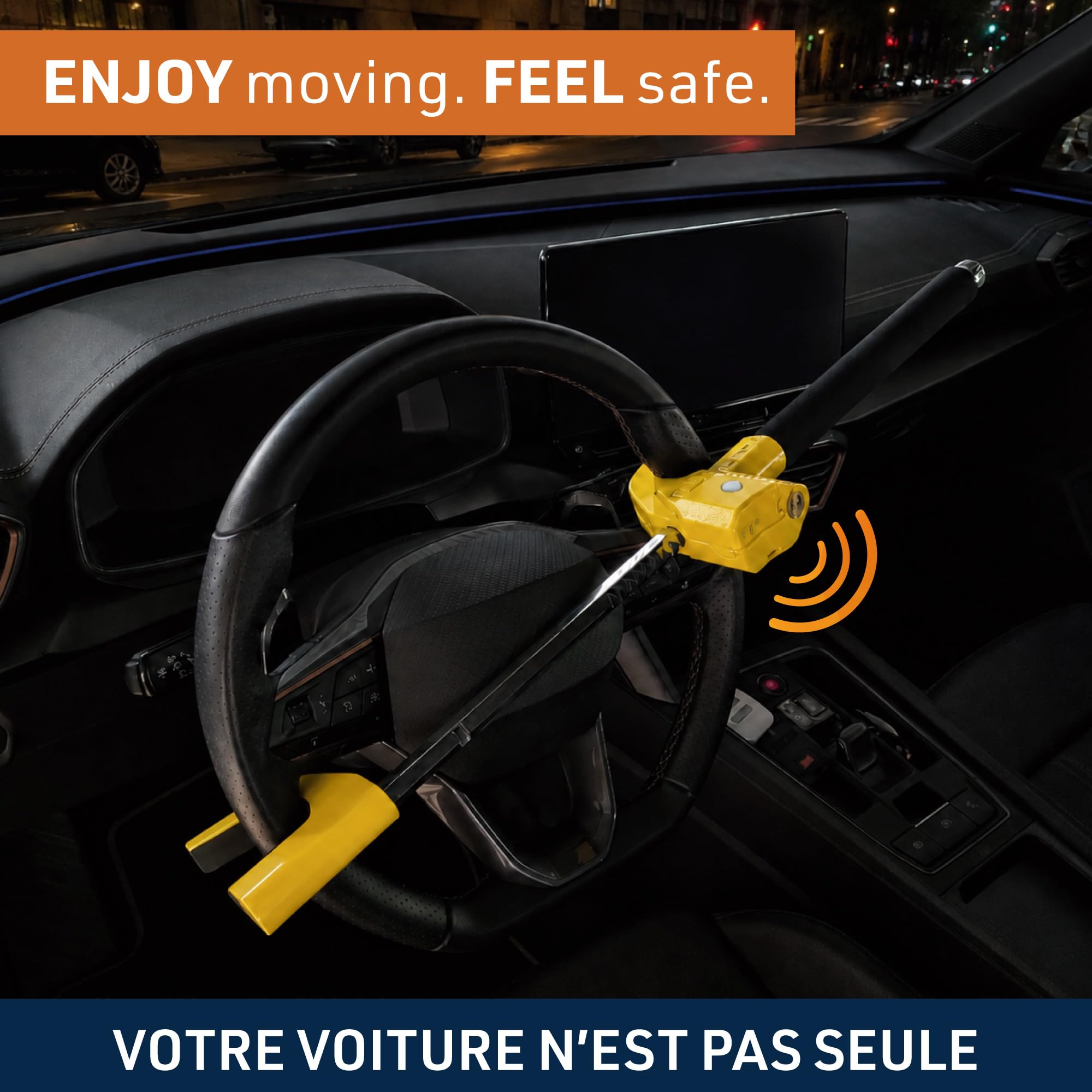 URBAN UR978Y Antivol Voiture Double Sécurité | Canne Antivol Voiture + Alarme Hi-Tech 120dB LED Warning | Sûr, Dissuassif, Résisté Tentative Vol | Bloque Volant Breveté, Barre Bloc Auto Universelle