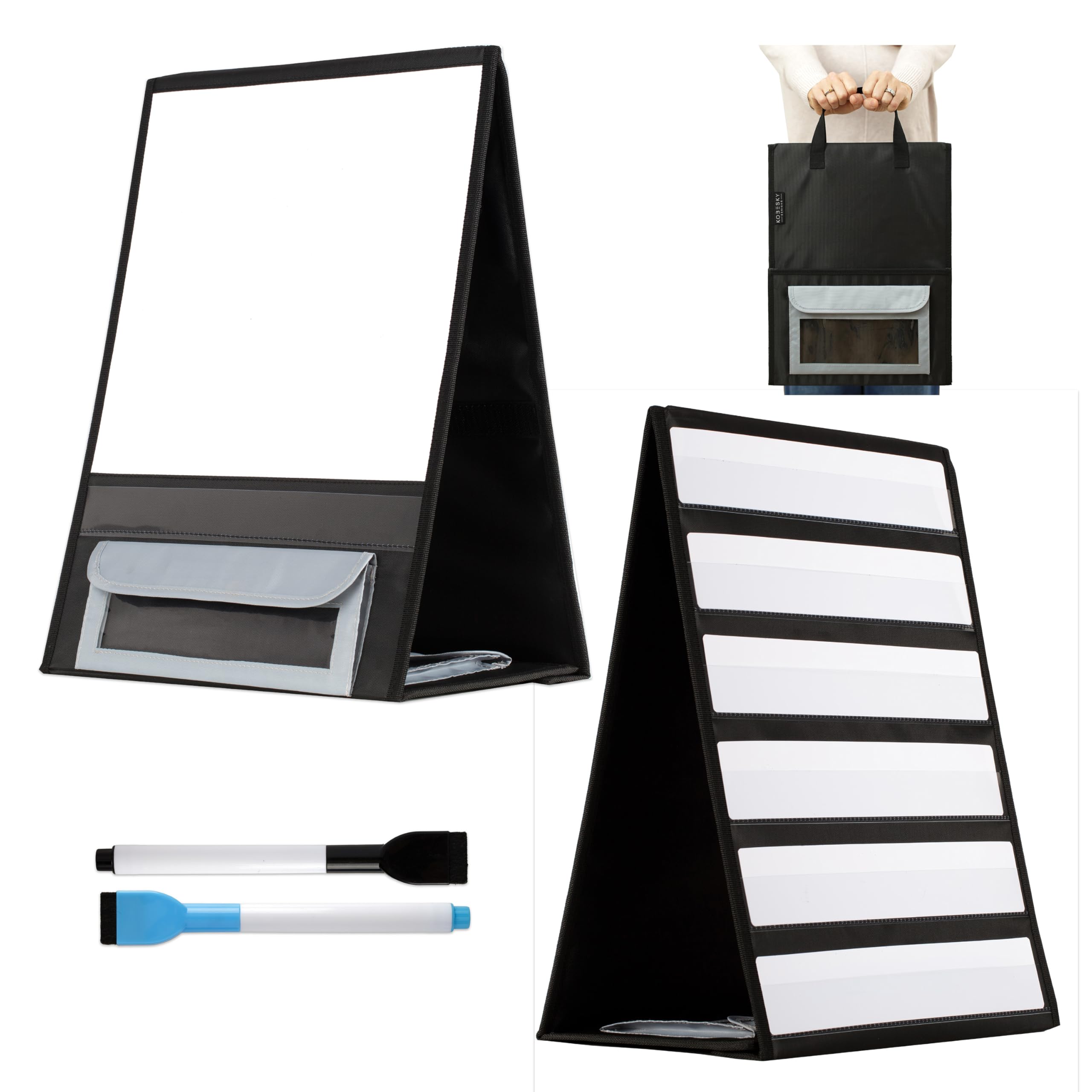 Tabletop Pocket Chart for Classroom, 17" L x 13" W, Double Sided with Oversized Magnetic Dry-Erase Board and Additional Storage Pockets, PVC Free & Safe for Kids, Includes Dry-Erase Cards & Markers