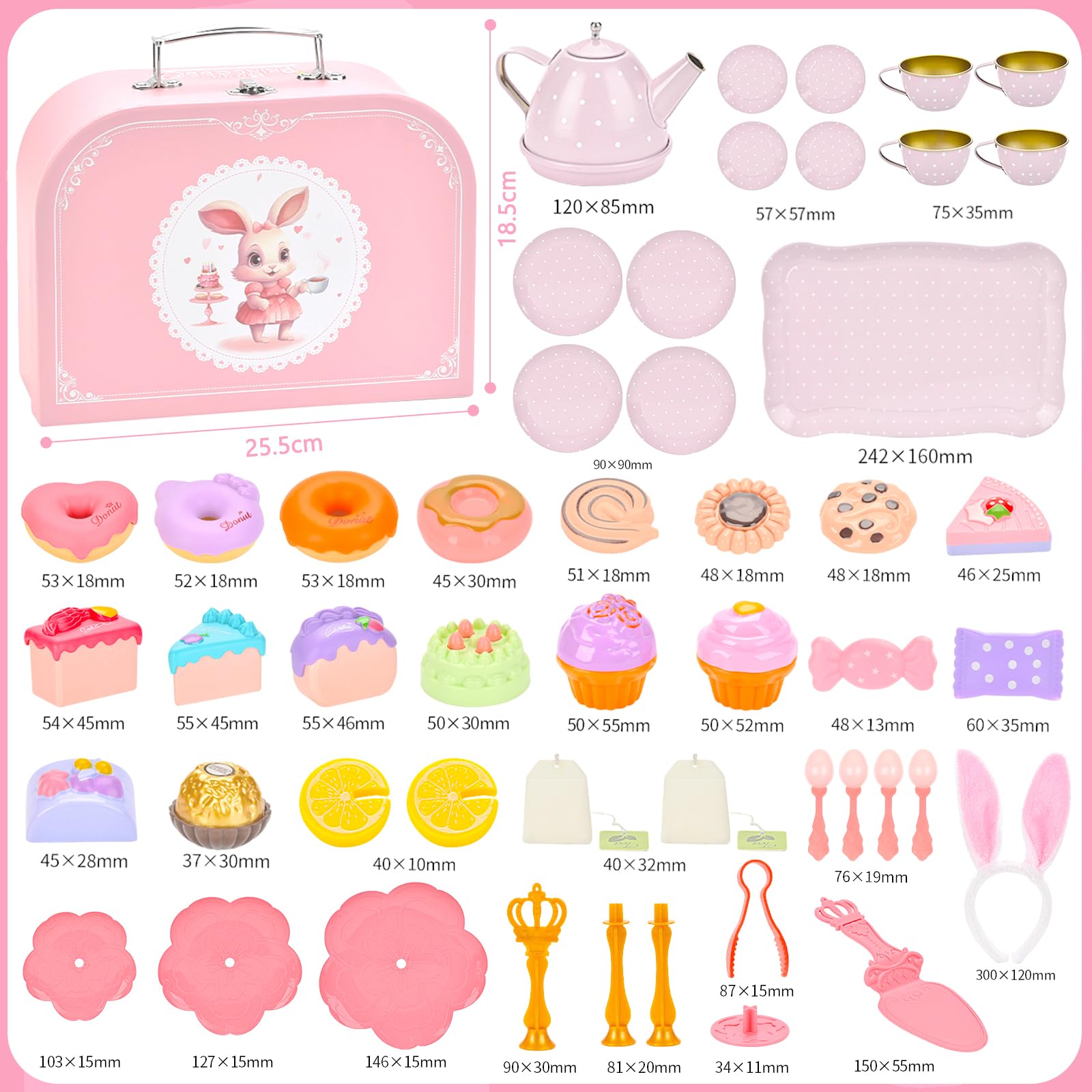 50-teilig Teeservice Kinder,Puppengeschirr Kinderküche Tin Teekanne Set,mit Rosa Bunny Spielzeug Tragetasche,mit Dessert Rollenspiele für 3 4 5 6 7 Kinder Mädchen