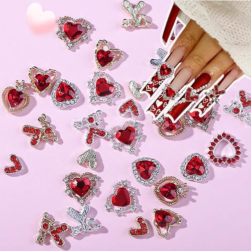 Miniatura 3 de Dijes de uñas para el día de San Valentín, 22 piezas de dijes de aleación de corazón para uñas, gemas rojas para uñas, accesorios brillantes de San