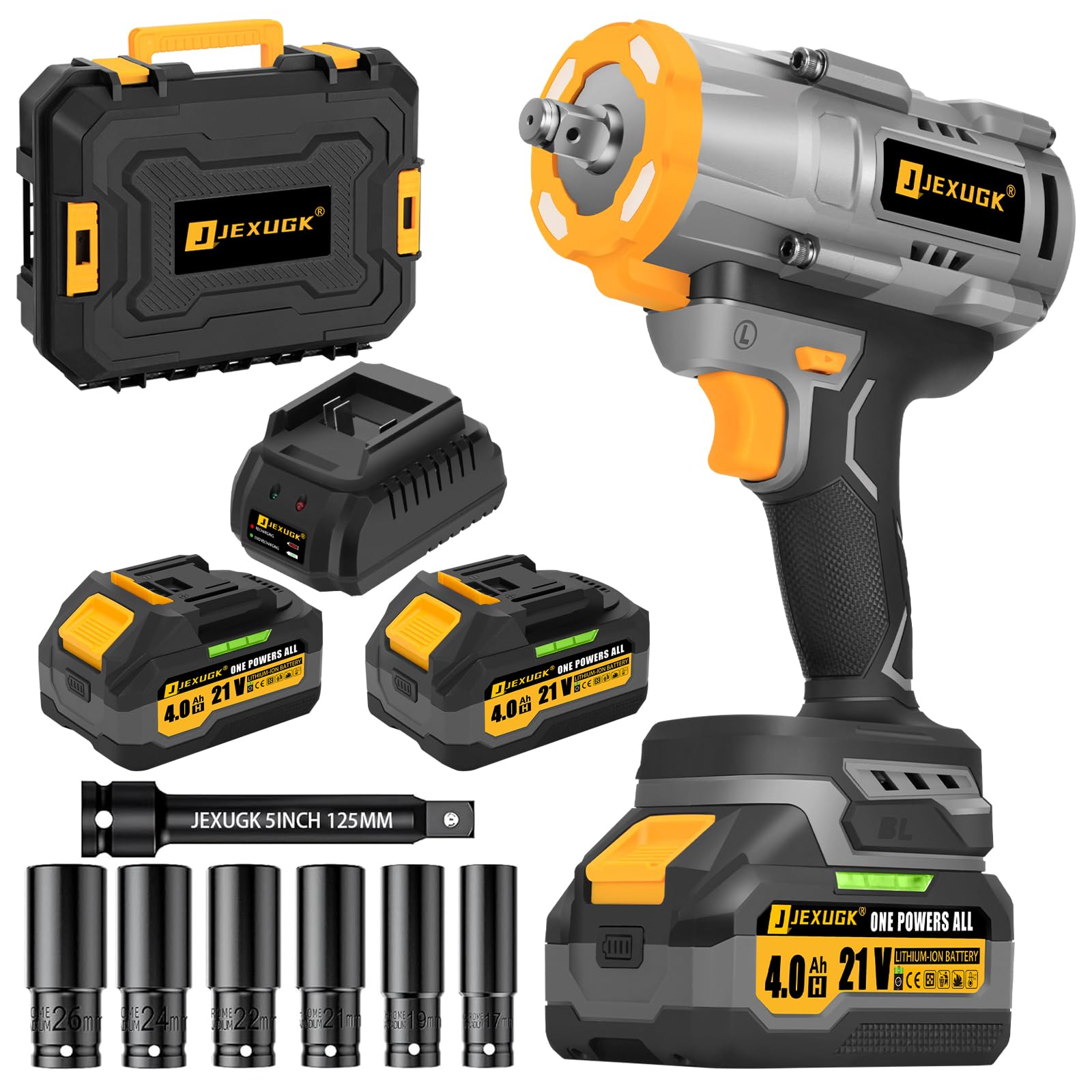 JEXUGK 1600Nm Cordless Impact Wrench, 21V 1/2" 1180Ft-lbs Impact Gun with 2 x 4.0Ah Battery, High Torque Pistola De Impacto with 6 Sockets, Brushless