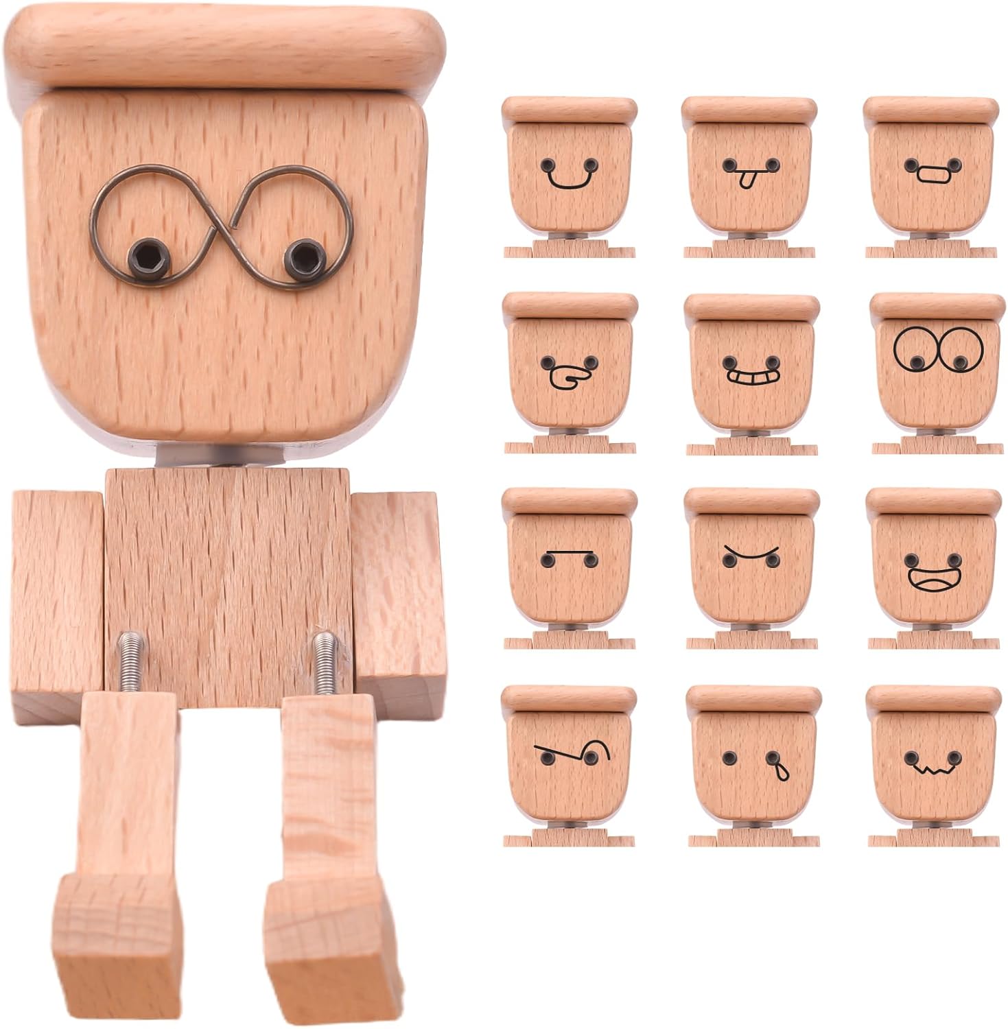Shaking Wooden Man Figurine, Funny Handmade Shaking Feet Wooden Desktop Car Dashboard Decorations with 12 PCS Magnetic Expressions