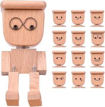 Shaking Wooden Man Figurine, Funny Handmade Shaking Feet Wooden Desktop Car Dashboard Decorations with 12 PCS Magnetic Expressions
