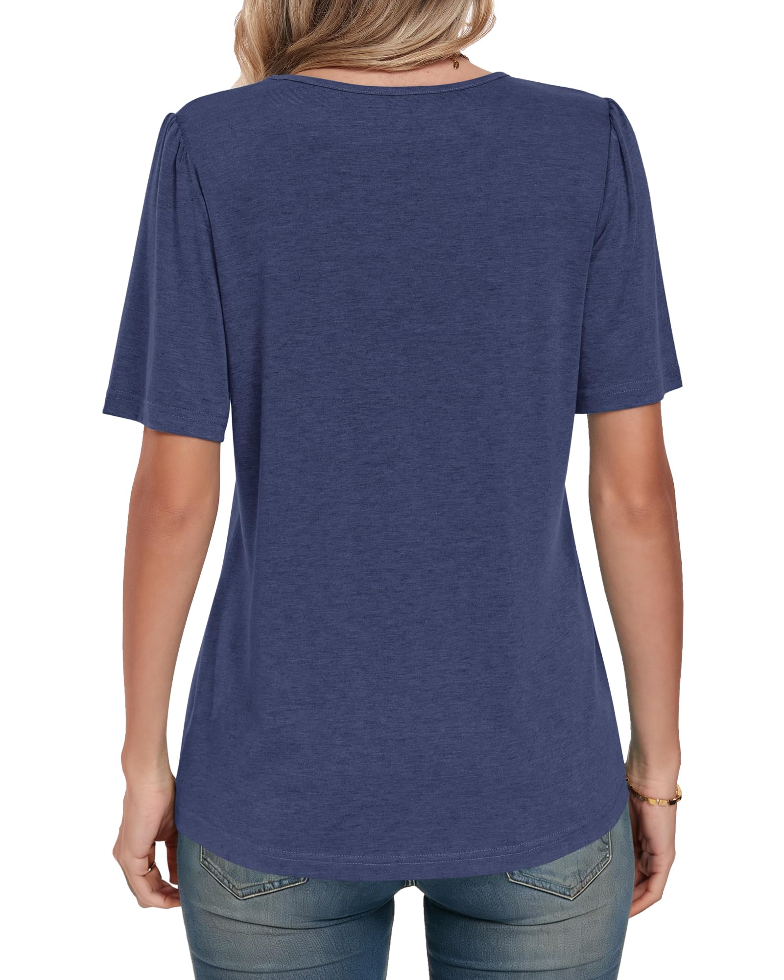 PLMOKEN Womens Summer Tops Short Sleeve Pleated Front Ladies T Shirts Round Neck Blouses Elegant Tunic Tops Casual - 5