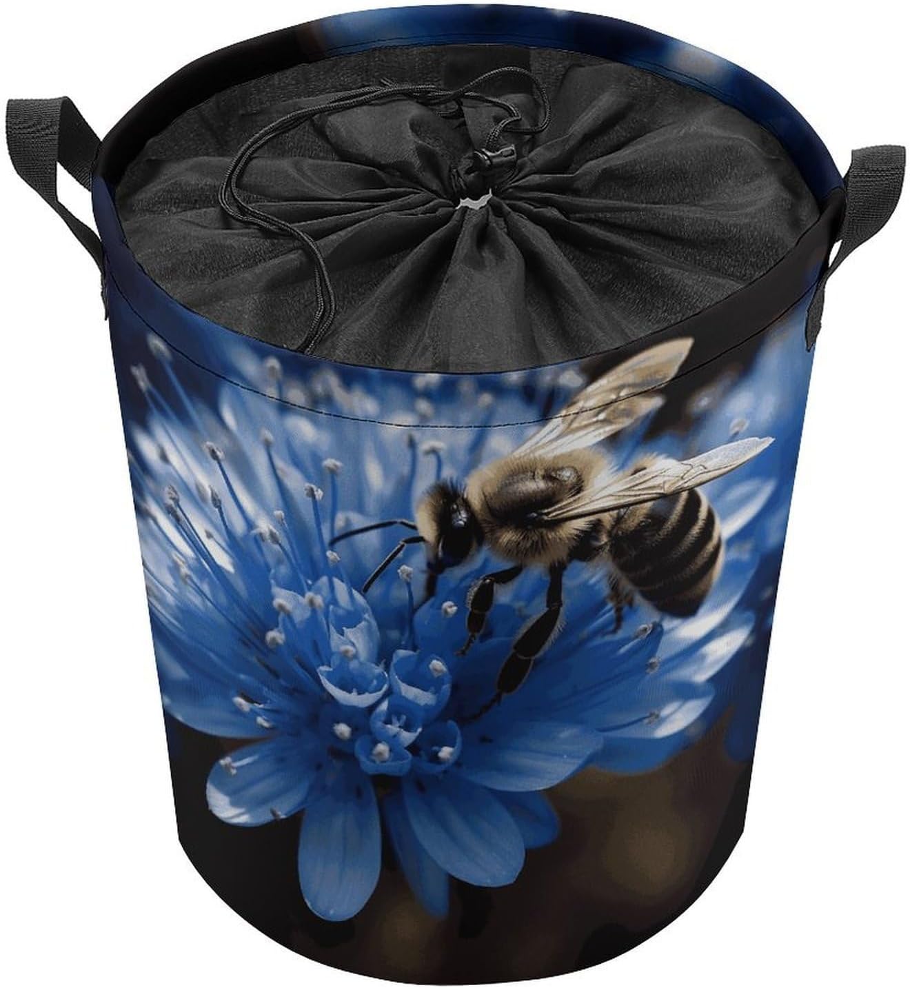 Blue Flower Bee Laundry Basket Collapsible Clothes Hamper with Reinforced Handles Large Capacity Waterproof Laundry Bag Freestanding Laundry Hamper for Bedroom Bathroom