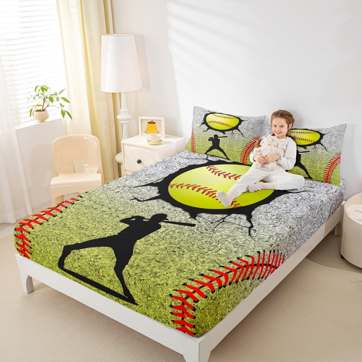 Erosebridal Baseball Bed Sheets Softball Print Fitted Sheet Full Size Glitter Stars Sheets Grey Gold Gradient Ombre Bedding Set Psychedelic Galaxy Bed Cover 3pcs with 2 Pillowcases