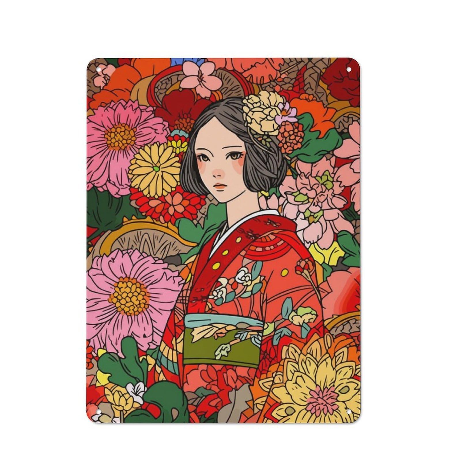 Junmoney Kimono Flowers Asian Art 40X30cm Vintage Metal Plaque With For Garage Or Workshop, A Christmas Gift For People Styling Garage And Workshop