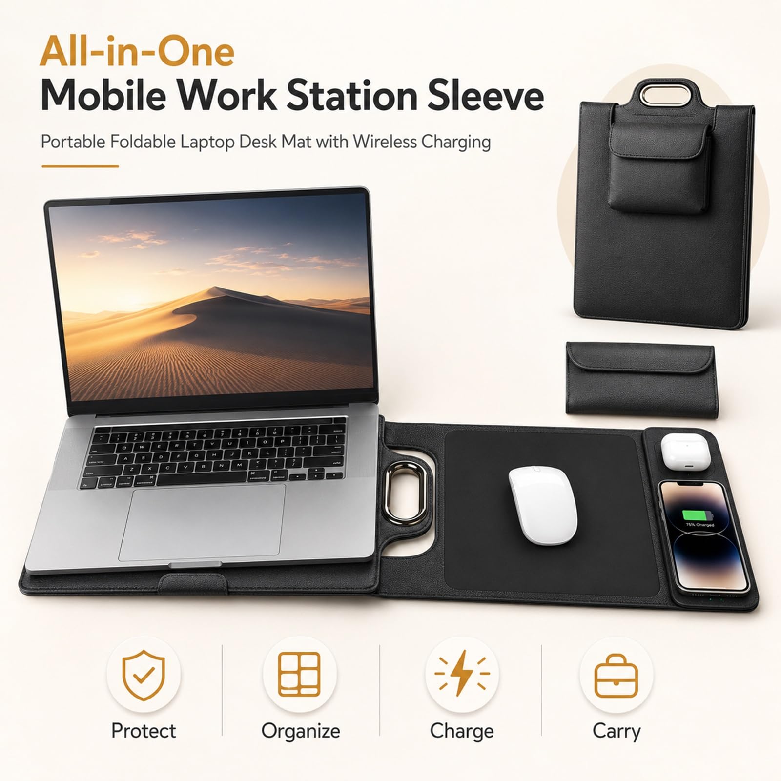 Custodia for Workstation Mobile All-in e Borsa for Laptop Pieghevole | Tappetino for Mouse con Ricarica Wireless Rapida 15W e Organizer Ergonomico da Viaggio for Professionisti(Nero,Dual)