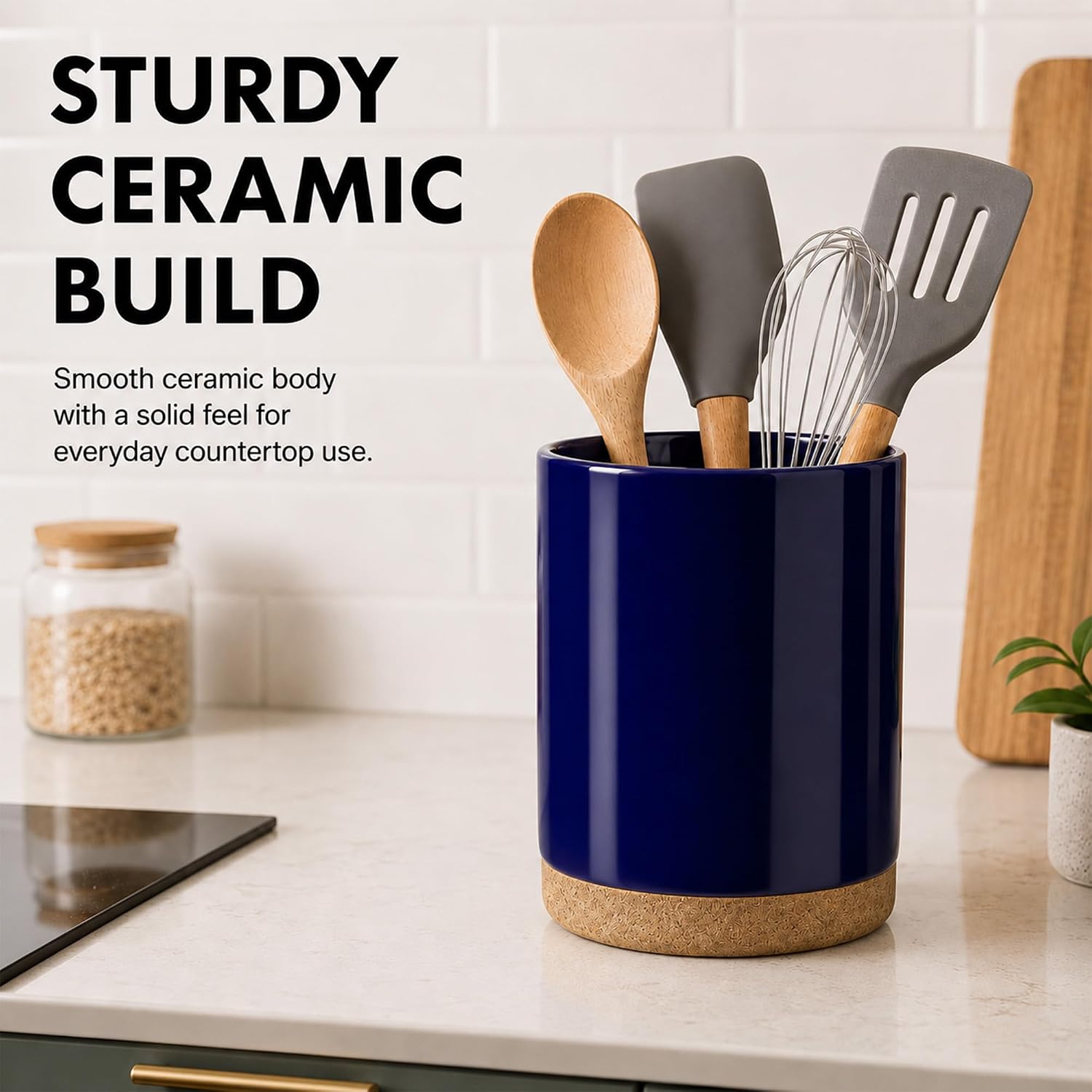 Ceramic Kitchen Utensil Holder for Countertop, Modern Crock with Non-Slip Cork Base, Counter Organizer for Cooking Tools , Blue image 3