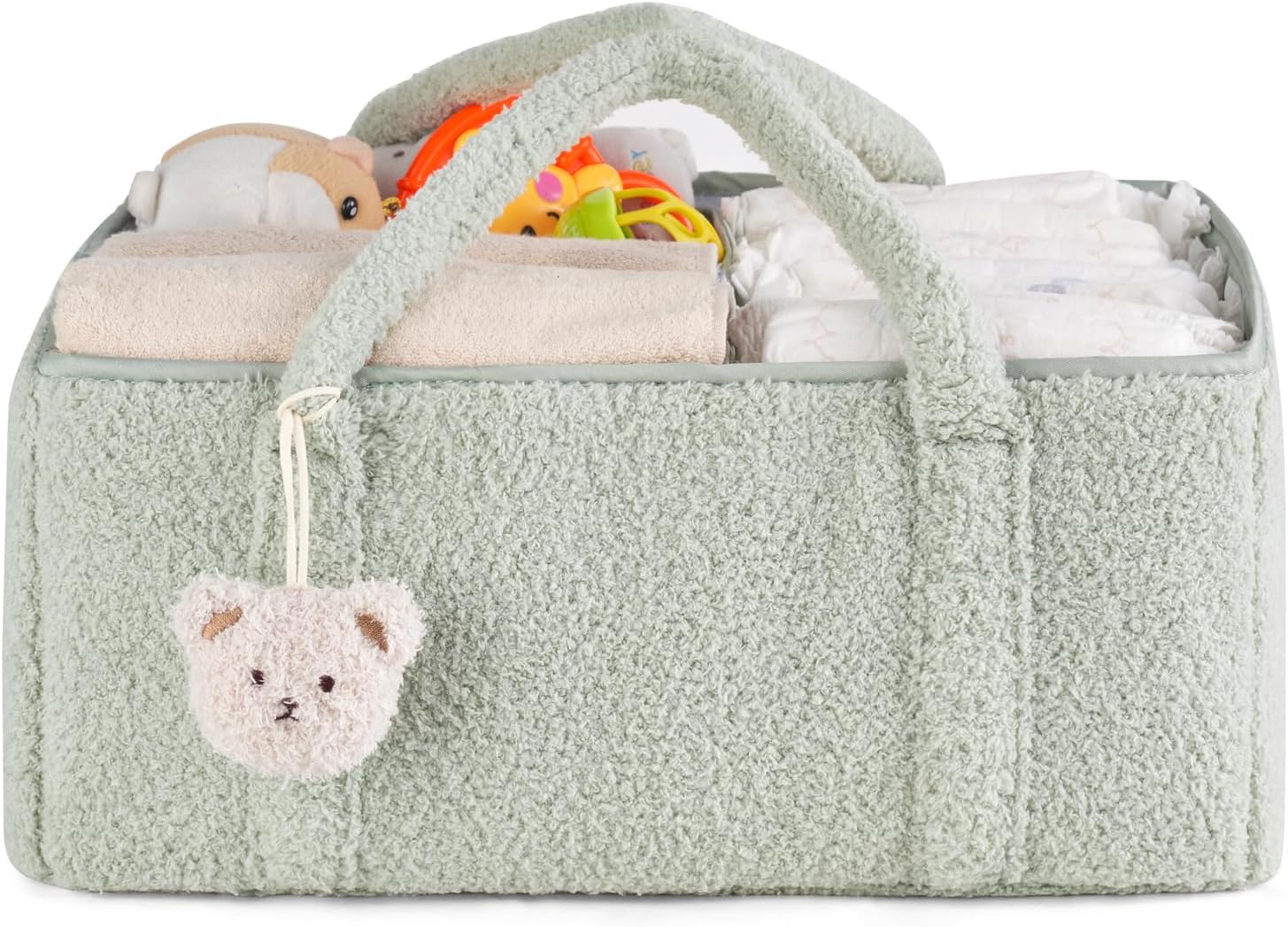 Dahey Baby Diaper Caddy Organizer with Bear, Nursery Storage Basket Gifts for Newborn Shower Essentials, Handle Portable Car Diaper Bag for Baby Changing Table Baby Registry Stuff, Green
