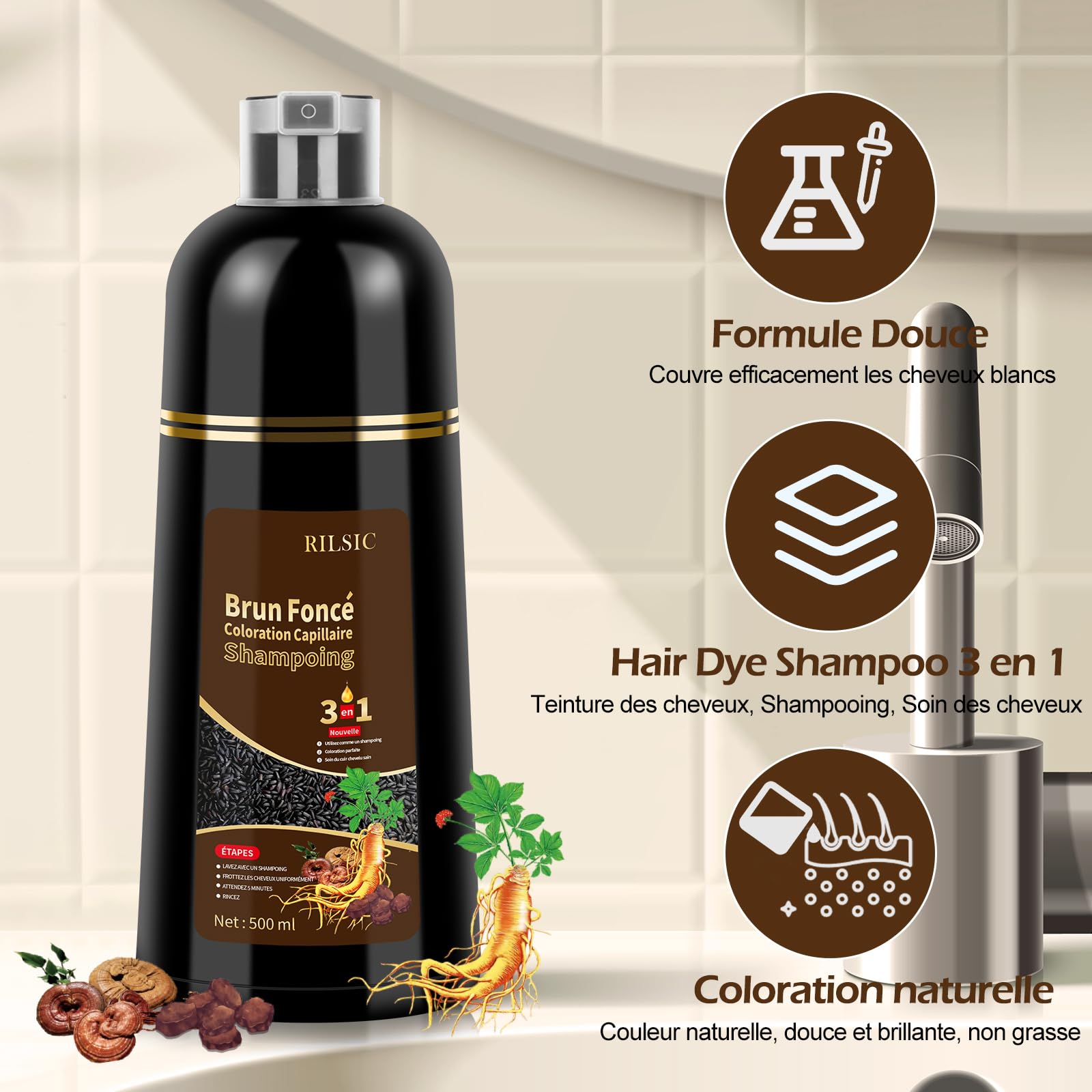 Shampoing Colorant Brun foncé Hair Dye Shampoo 3 en 1,Shampooing Instantané pour Cheveux,Shampooing Colorant Cheveux Blancs,Color Shampoo pour Hommes et Femmes 500ml（Brown）