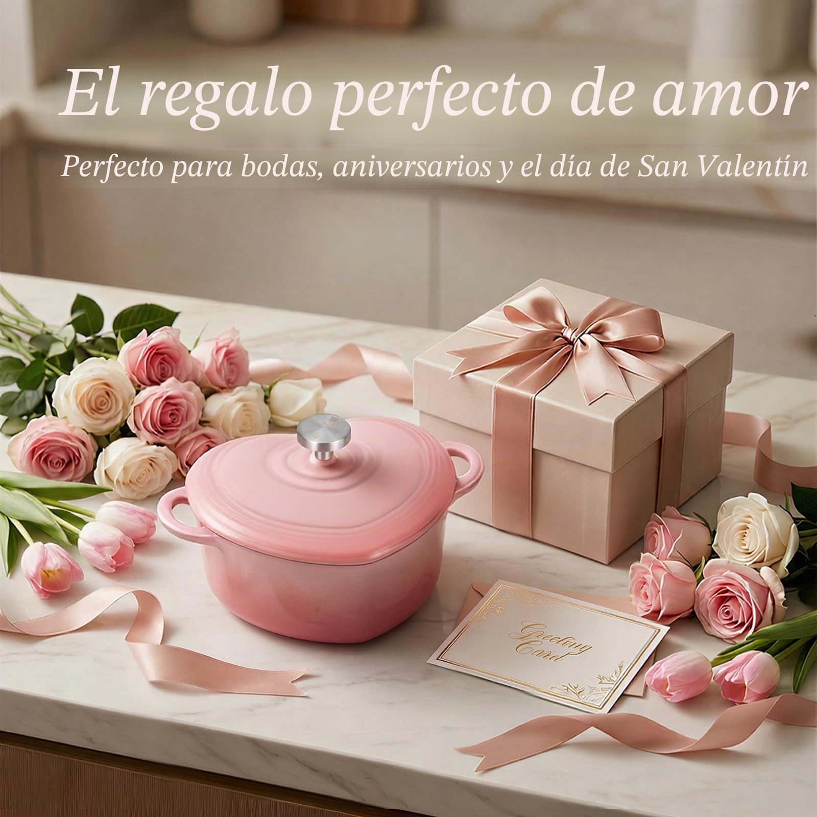 Overmont Olla Holandesa de Hierro Fundido Esmaltado Forma de corazón - 1.89L Cacerola con Tapa - Apta para Cocina y Horno, Hornear Estofar Asar - Regalo para Bodas y Festividades - Rosa