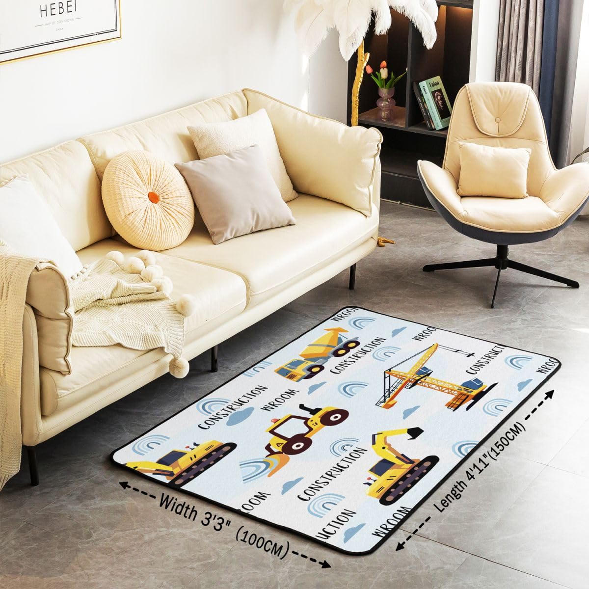 Tappeto per area di costruzione 13 x 17 cm, tappeto decorativo per bambini, per ragazzi e adolescenti, attrezzature, camion, soggiorno, escavatore, trattore, giallo, tappetino per interni, decorazione