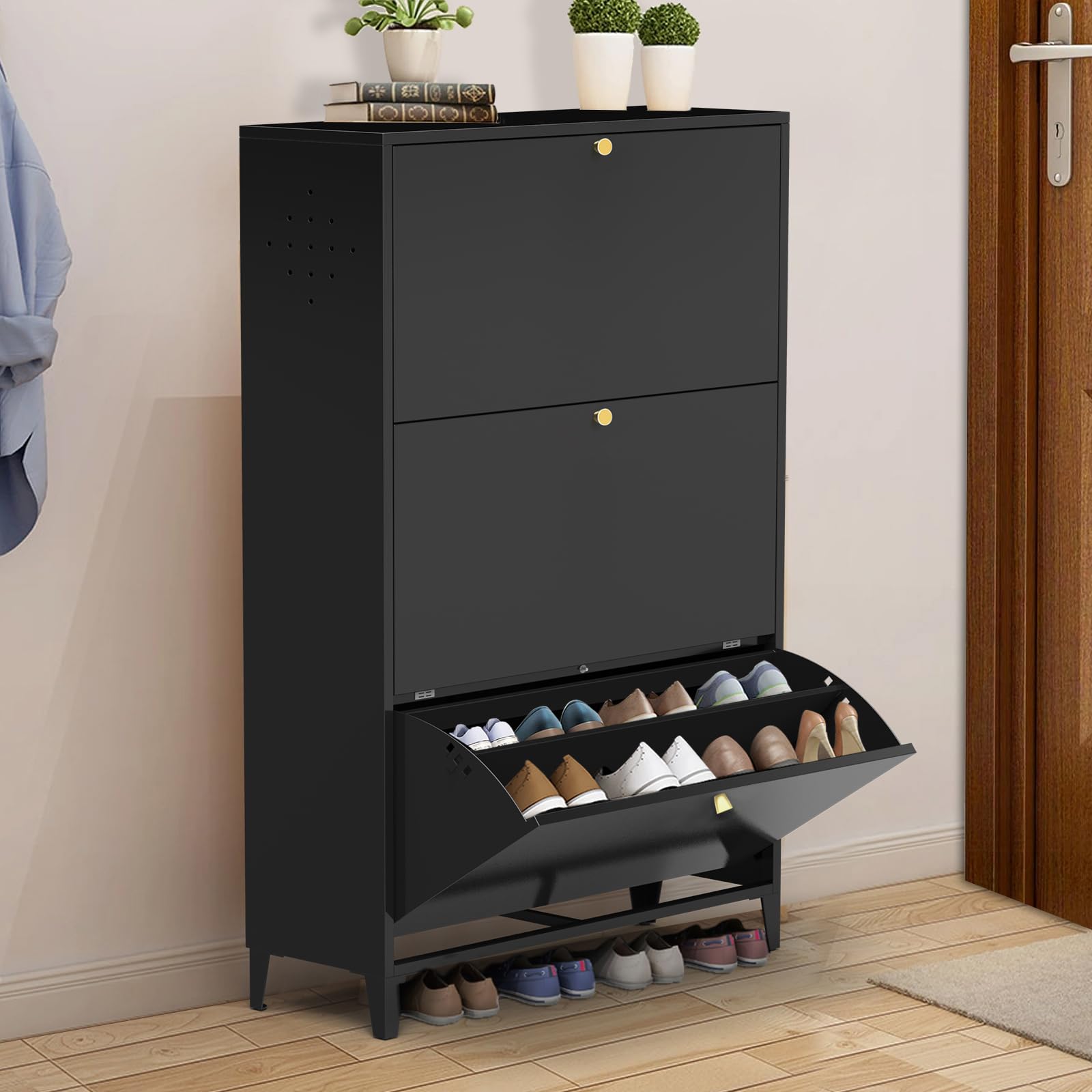 Goujxcy 3 Drawer Steel Shoe Cabinet, Freestanding Shoe Rack Storage Organizer with Flip Door, Modern Tipping Bucket Shoe Cabinet for Entryway, Hallway, Bedroom
