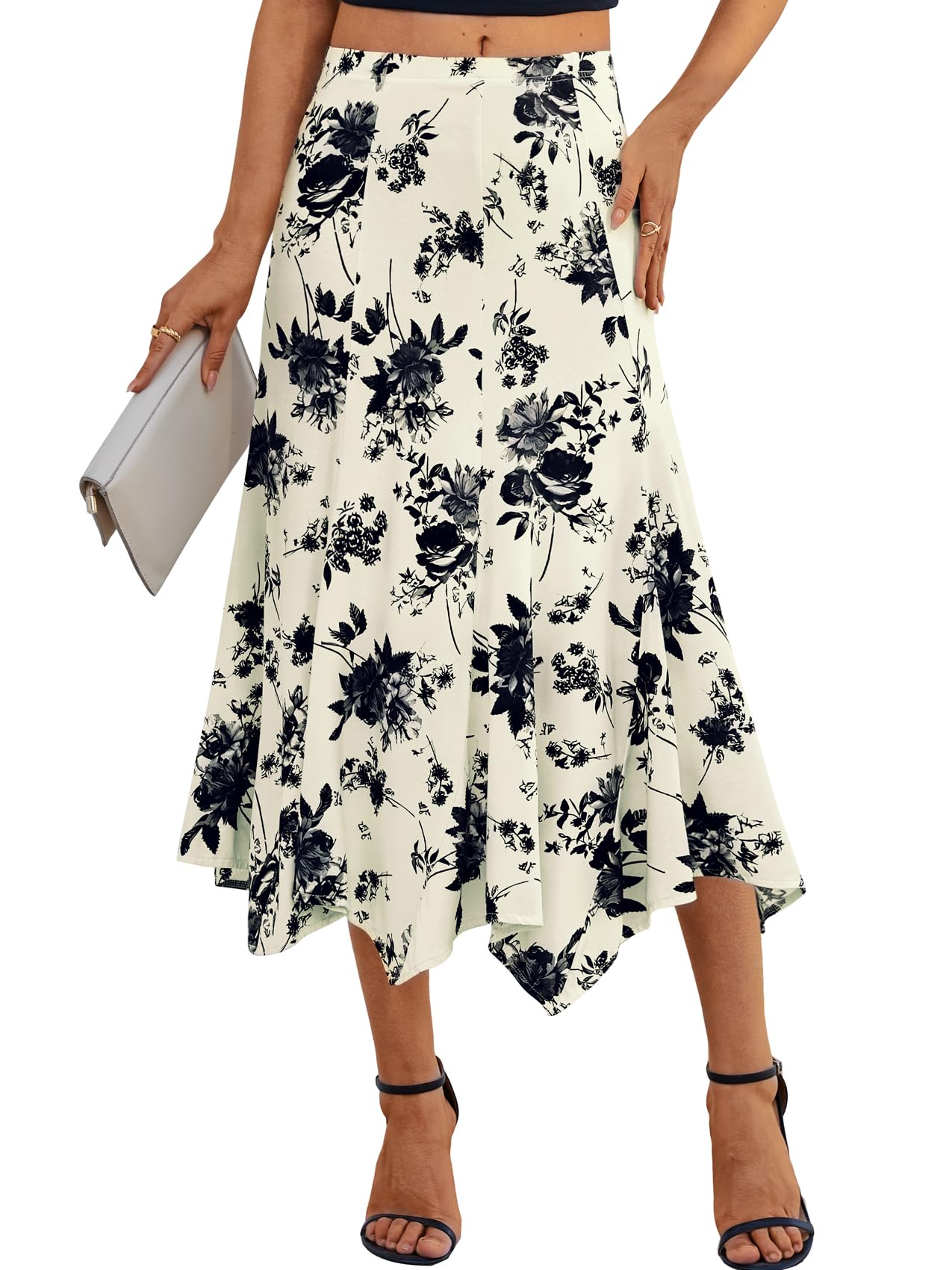 BAISHENGGT Womens Summer Casual Floral Flowy Skirts Elastic High Waisted Asymmetrical A-Line Draped Flared Midi Skirt