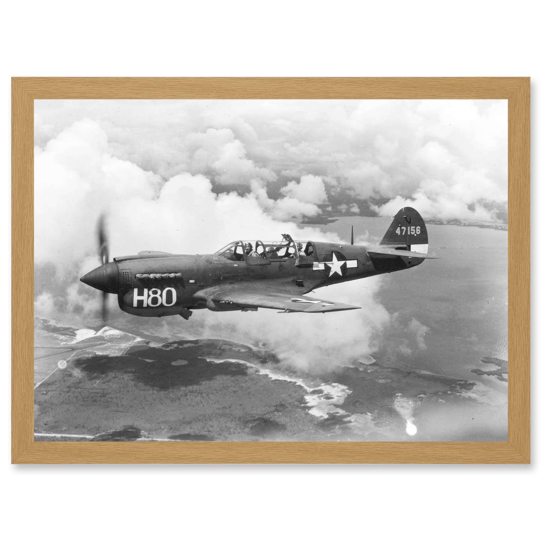 Artery8 War Military Vintage US Airforce Fighter Plane Black White P-40 Artwork Framed Wall Art Print A4