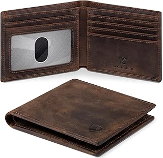 RUNBOX Genuine Leather Bifold Wallet for Men - RFID Blocking Slim Wallet with 9 Card Slots, 1 ID Window & Bill Compartment - Gift Box Packaging