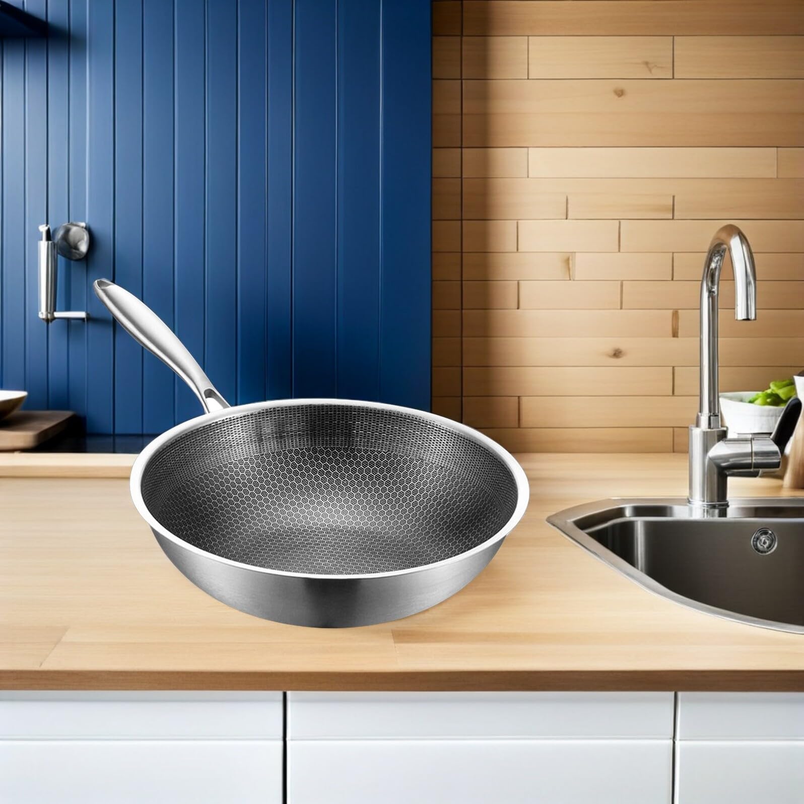 Padella Wok in Acciaio Inox 32 Cm Antigraffio Antiaderente Manico Ergonomico per Fornelli a Gas ed Elettrici, Pentola da Cucina Versatile per Friggere Verdure, Carne e Frutti