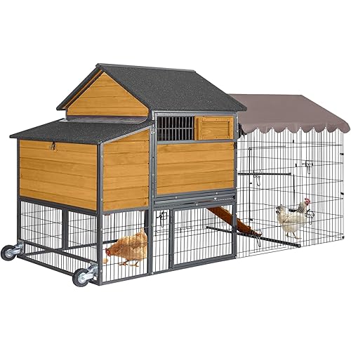 GUTINNEEN Chicken Coop Mobile Upgraded with Metal Frame and Metal Chicken Run 85" Outdoor Hen House Chicken Tractor with Wheels,Tarp Roof Cover