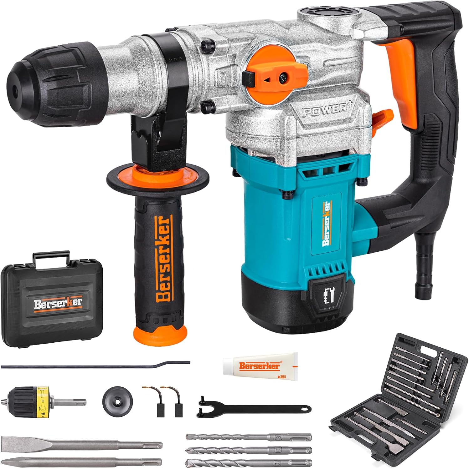 Berserker 1-1/8" SDS-Plus Rotary Hammer Drill w/ 1/2" SDS Plus Adapter & 17pcs SDS Plus Drill Bits and Chisels Set with Storage Case