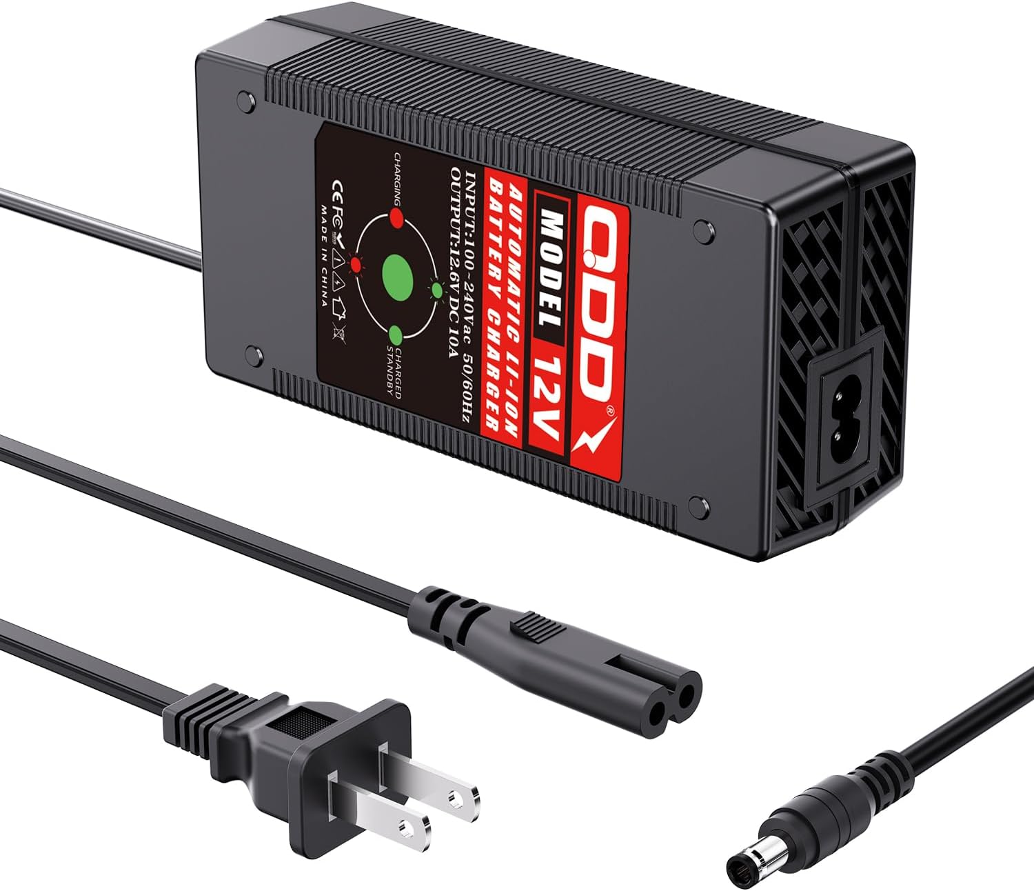QDD 12.6V 10A Battery Charger for 11.1V Li-ion Battery Pack with DC 5.5 x 2.5mm/5.5 x 2.1mm,with Cooling System