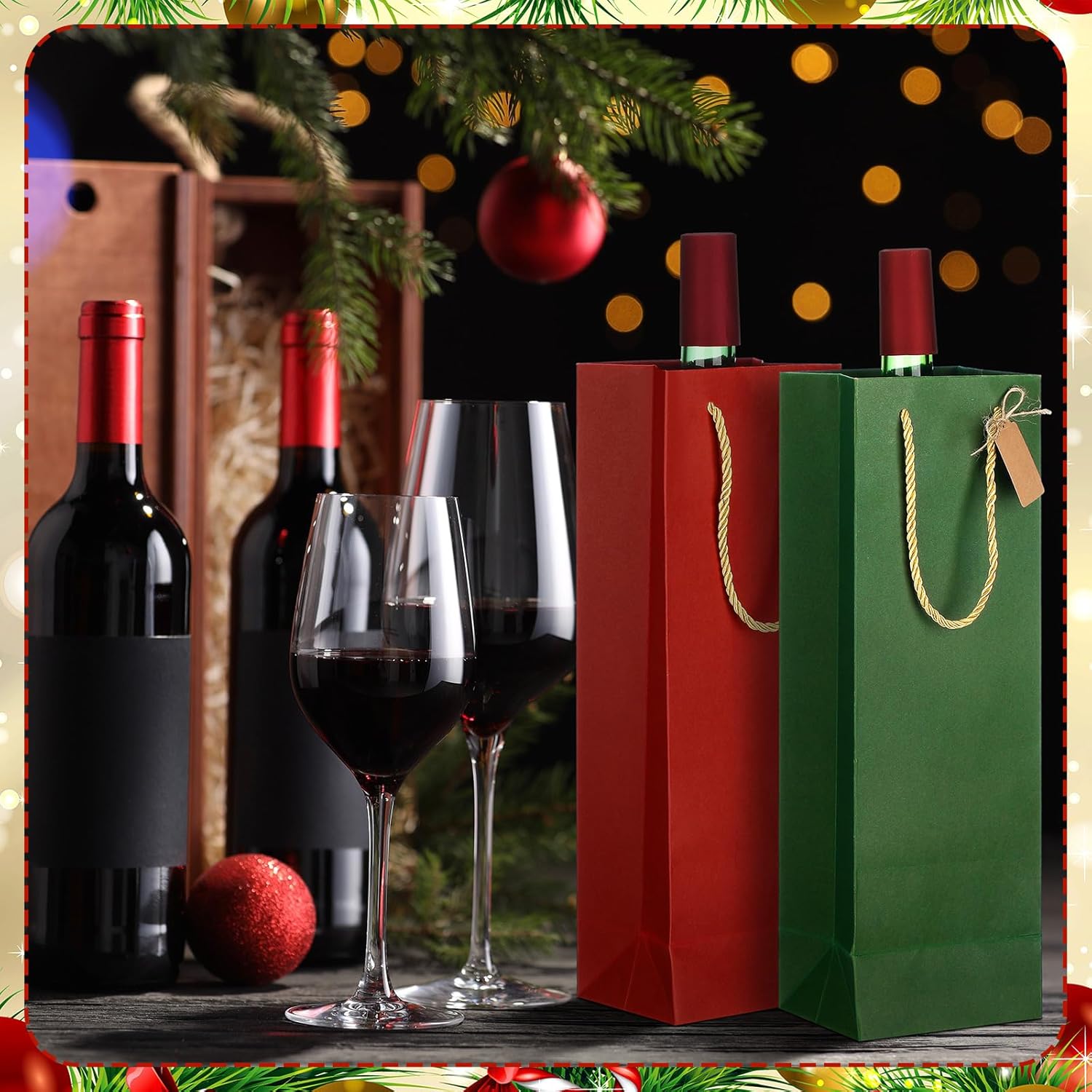 Kolldenn 24 Pcs Christmas Kraft Wine Gift Bags with Message Tags Rope Handles Bulk Champagne Gift Bags Single Bottle Kraft Wine Wrapping Paper Holder for Christmas Xmas Holiday Party Supplies