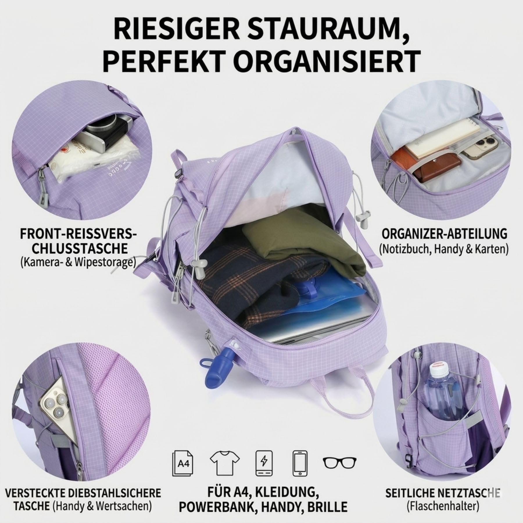 25L Wanderrucksack Damen Herren Reiserucksack Tagesrucksack Wasserdicht Leicht Backpack für Wandern Radfahren Klettern Camping Sport Reis mit Reflektierenden Streifen