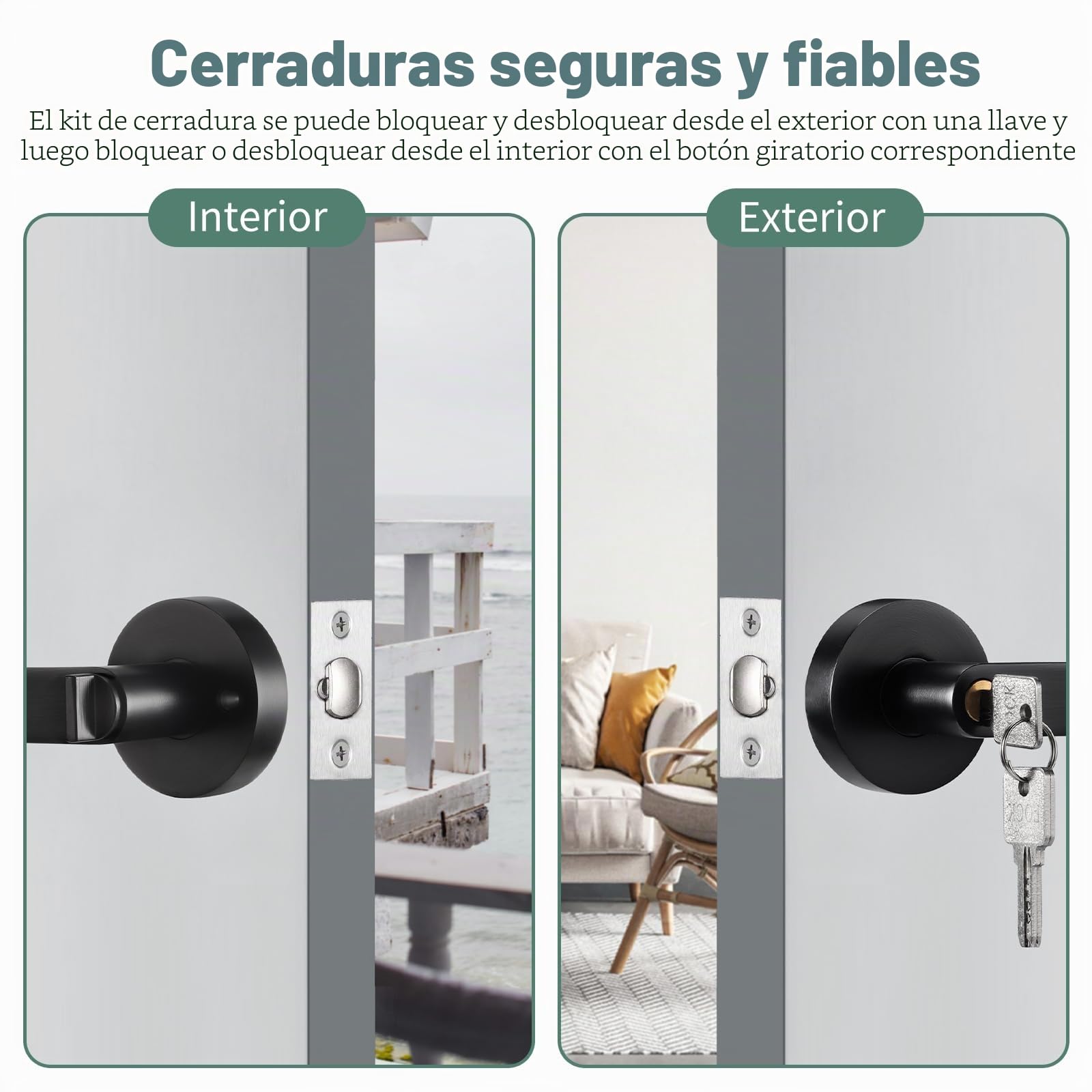 Coolty Manija de puerta con cerradura y llave, juego de manijas de puerta de entrada, manija de puerta exterior, cerradura frontal para dormitorio, baño, oficina, lugar de trabajo (negro)