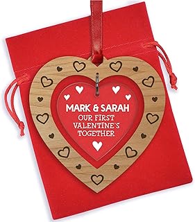 Our First Valentines Day Together PERSONALISED Gifts for Girlfriend, Boyfriend, Her or Him - Custom Printed Hanging Heart Keepsake Presents - Personalised First Valentines Day Gifts - ANY Two Names