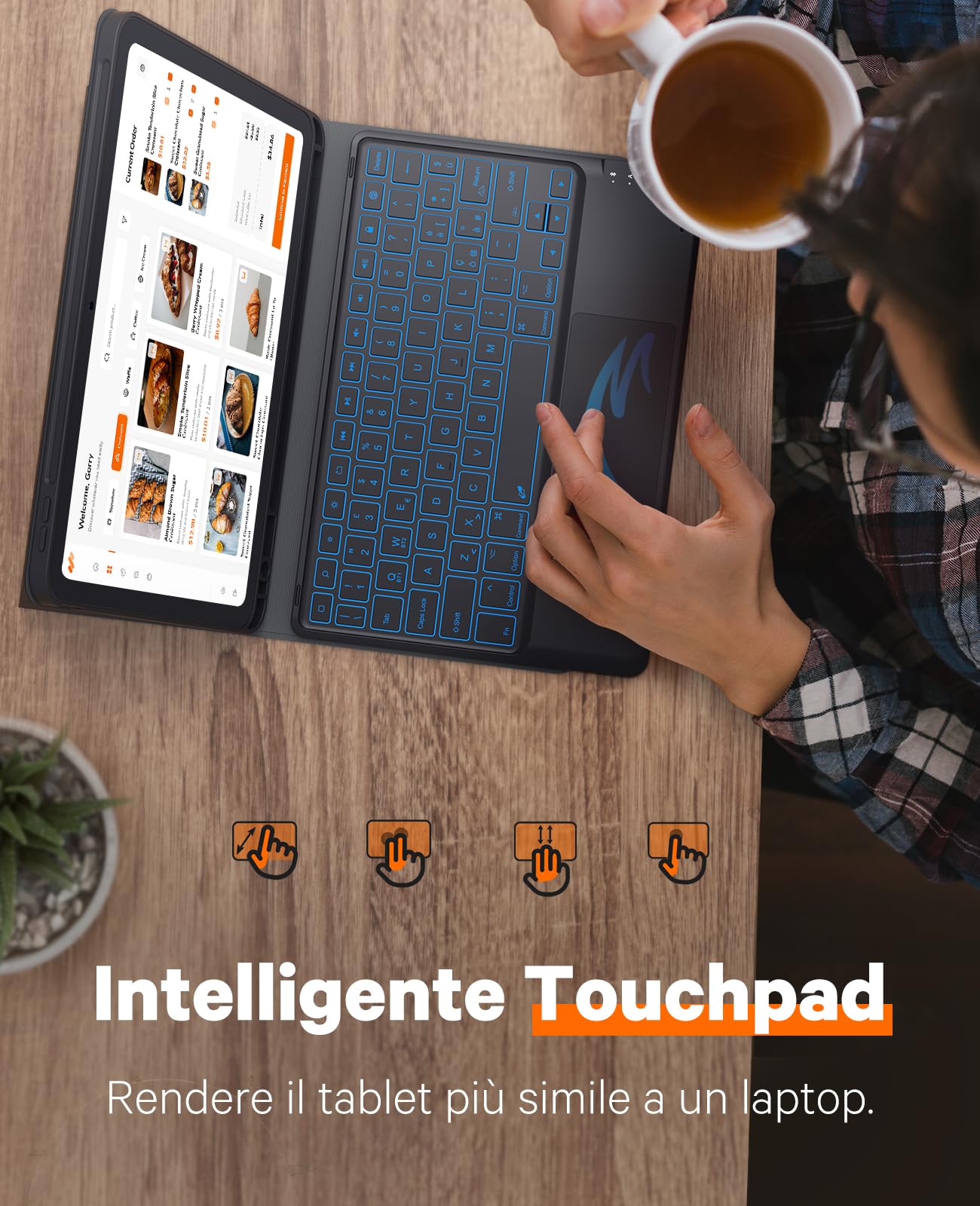 CHESONA Tastiera iPad 10 Generazione, Touchpad Intelligente, Cover con Tastiera iPad 10 Generazione 10.9” 2022, Retroilluminazione a 7 Colori, 2 Canali BT, Magnetica Italiano Bluetooth Tastiera, Nero