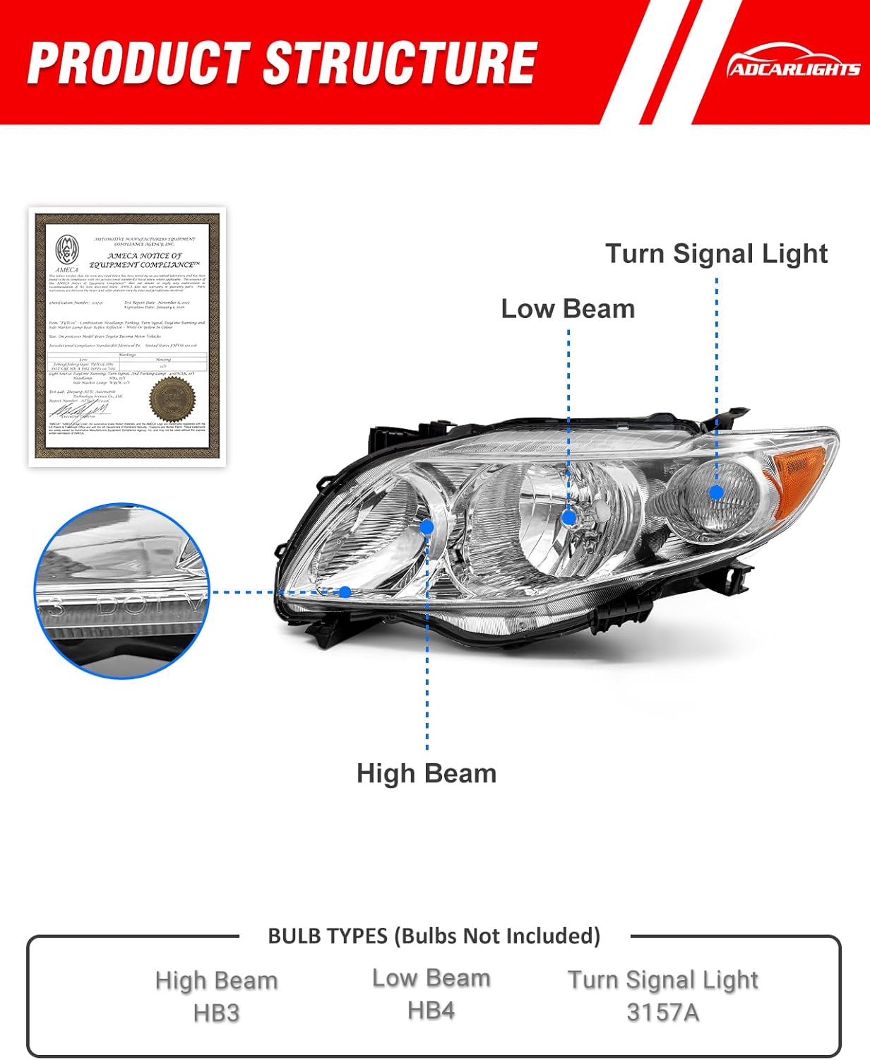 Headlight Assembly compatible with Toyota 09 10 Corolla Base/CE/LE/XLE Models North America Built Vehicle for 2009-2010 Corolla Headlamp Chrome Housing Amber Reflector Replacement L+R（W/O Bulbs）