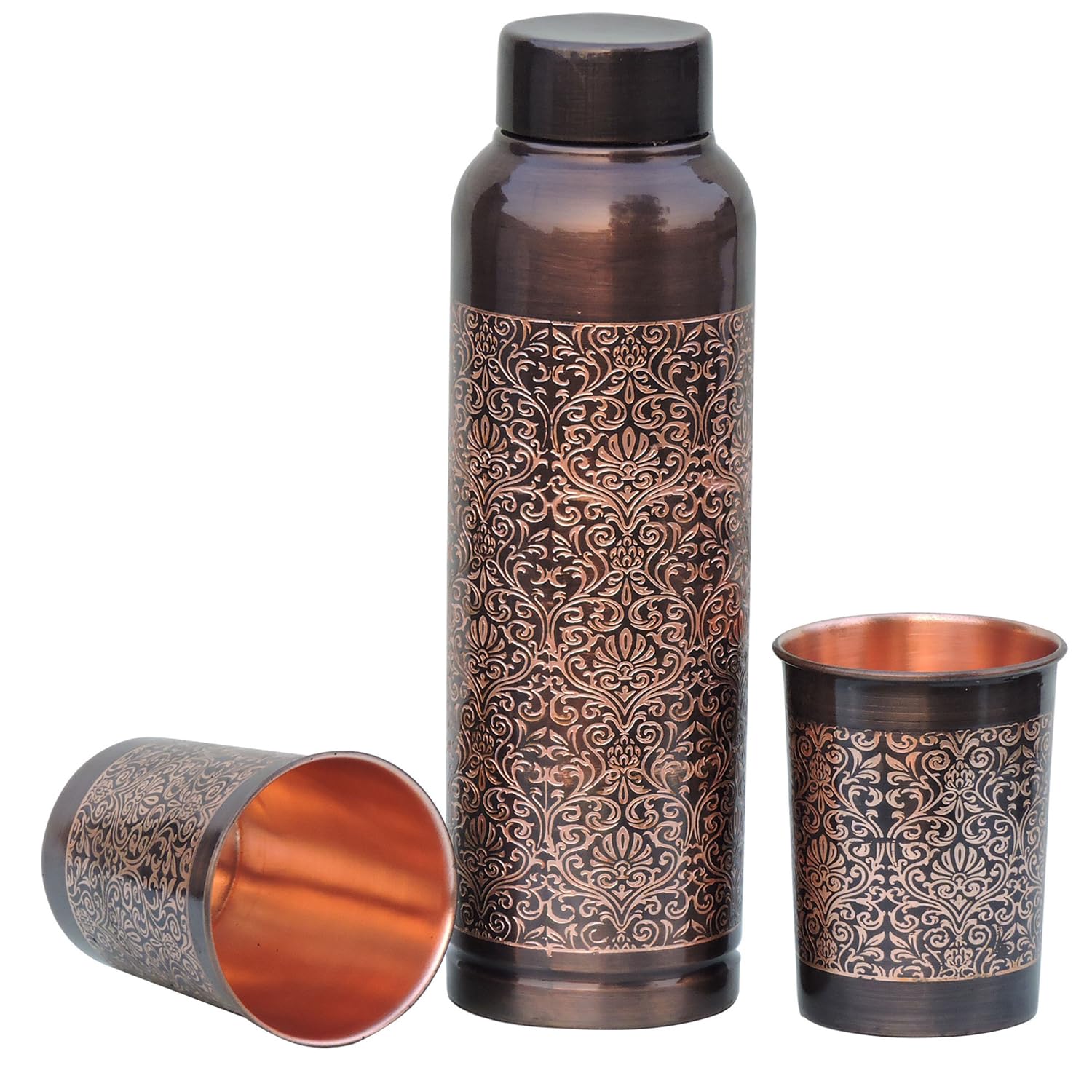ANCIENTIMPEX Bouteille d'eau Milton en cuivre pur avec 2 gobelets – Motif floral | Avantages ayurvédiques et hydratation quotidienne