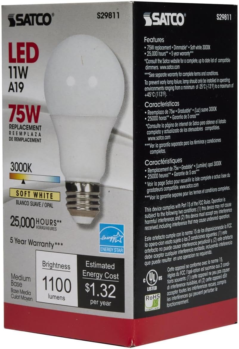 Satco Lighting 11 Watt A19 LED Dimmable Frosted Light Bulbs - 3000K Soft White - E26 Medium Base - 1100 Lumens - 220 Degree Beam Angle - 120 Volts - Damp Location (6 Pack)