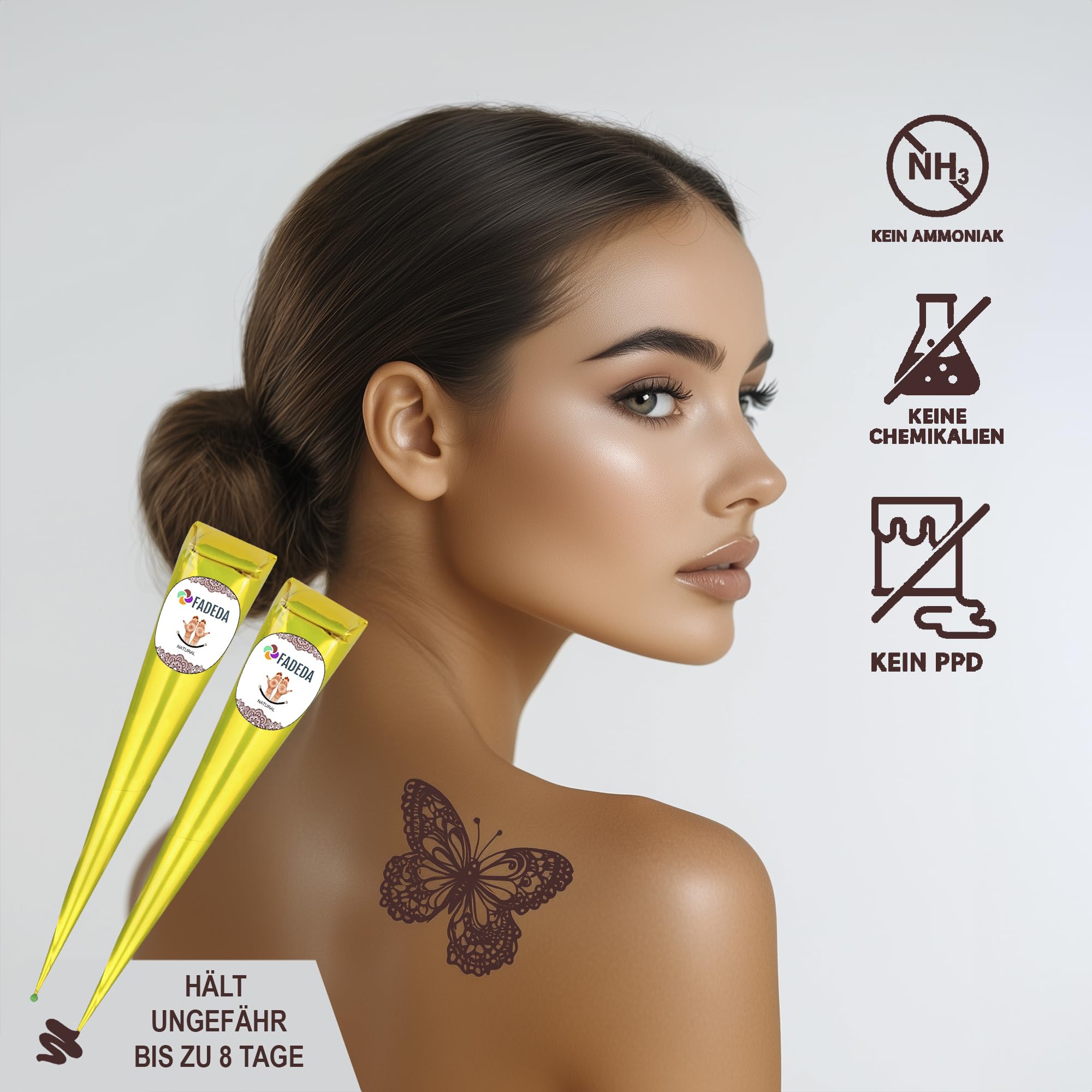 4x FADEDA Henna Kegel | 4x 25g naturalna pasta | naturalny brąz | 100% roślinny | gotowa do użycia i bez PPD | wegański | ekologiczny | halal | Mehandi | Mehndi