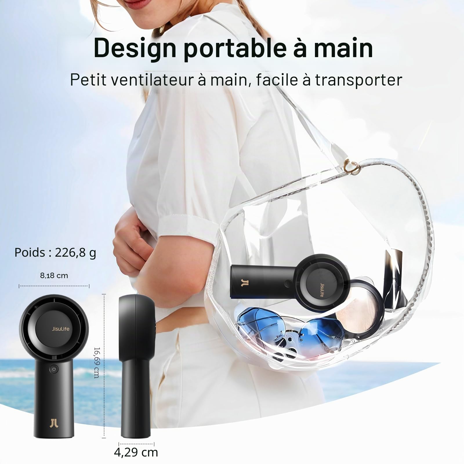 JISULIFE Ventilateur turbo portatif [18 heures de refroidissement maximum], 6000mAh USB rechargeable, petit ventilateur de poche avec 5 vitesses pour voyage/extérieur/maison/bureau - Noir