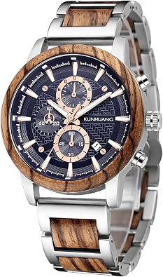 IK COLOURING Mens Wooden Watches, Multifuctional Quartz Chronograph & Date Display Watch for Men Handmade Wood Wrist Watch Luminous Stylish Casual Lightweight Wood & Stainless Steel Male Watch
