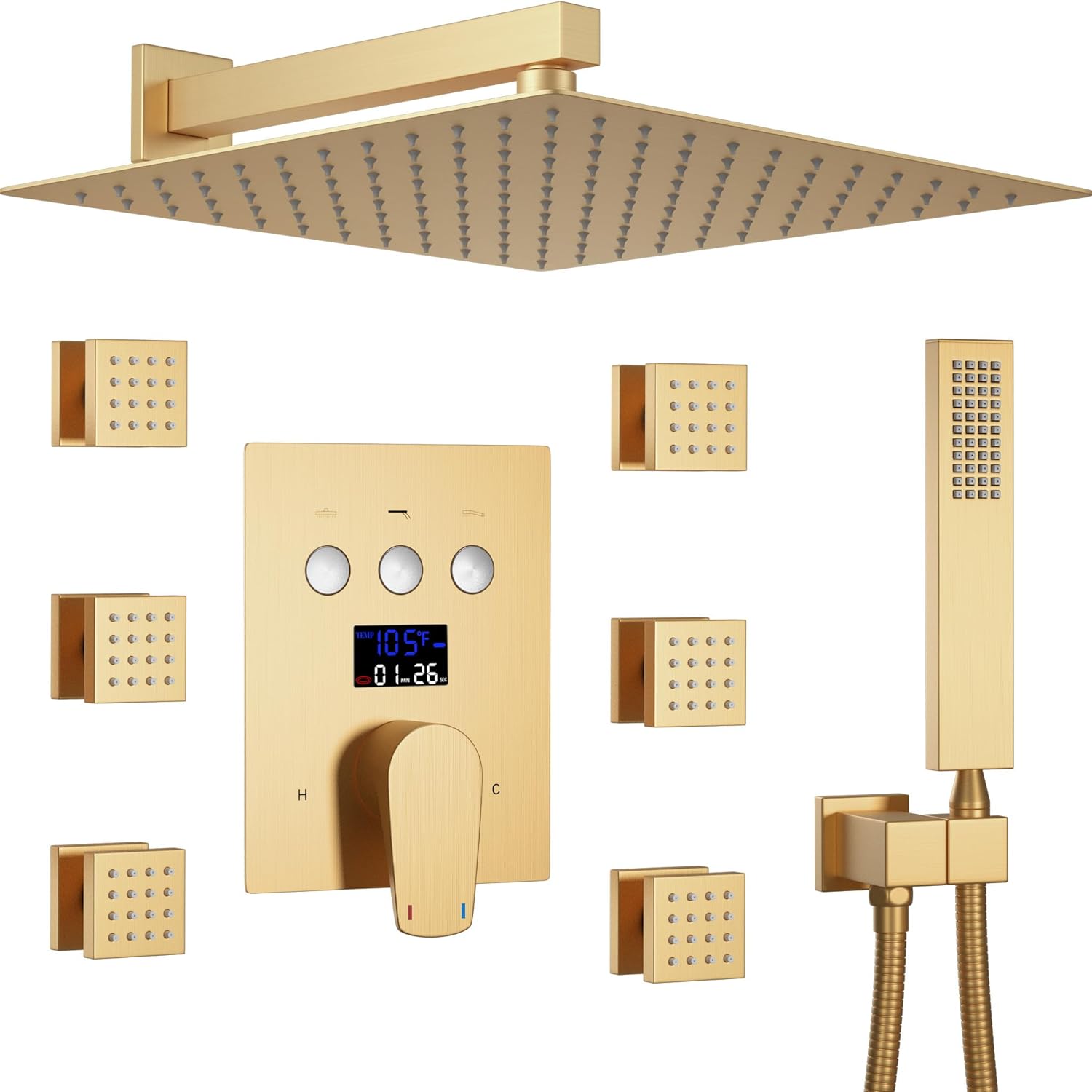 Digital Display Shower Faucet Set Brushed Gold Shower System With Body Jet, Push Button Diverter Shower Fixtures With Handheld,Wall Mounted 12 Inch Shower Head (Rough-in Valve Body And Trim)